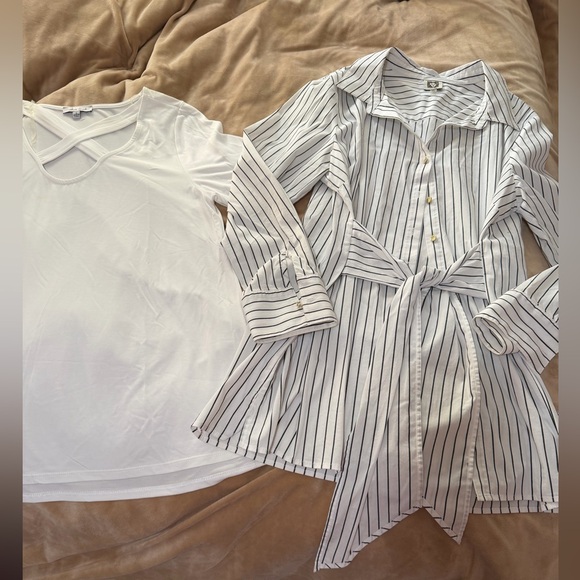 Anne Klein Tops - Anne Klein Black and White Striped Button-Down Shirt & White Tee Lot L